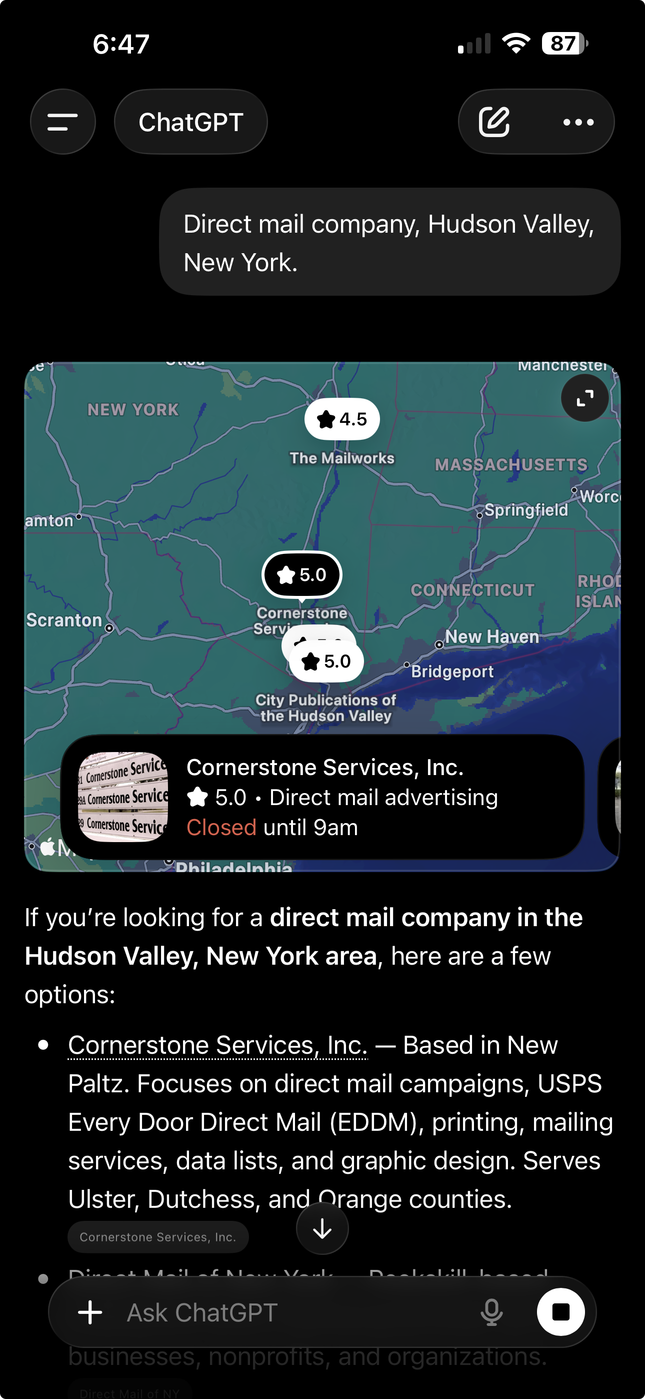 ChatGPT naming Cornerstone Services as the top direct mail company in the Hudson Valley