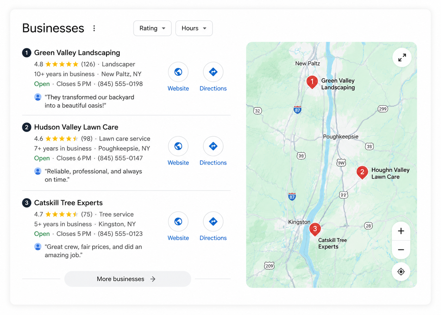 Google Maps local pack showing top 3 contractor rankings with map