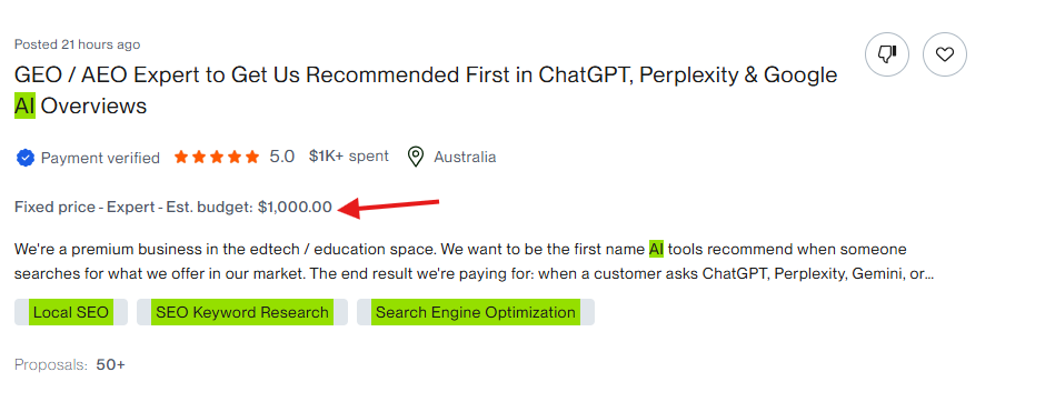 Upwork job posting — GEO/AEO AI visibility expert, $1,000 budget