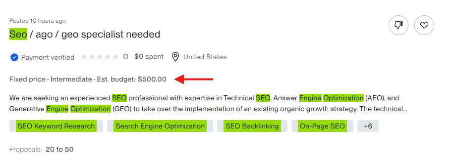 Upwork job posting — SEO / GEO specialist, $500 budget