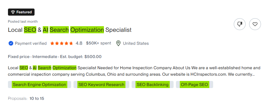 Upwork job posting — Local SEO & AI Search Optimization, $500 budget, $50K+ spent client
